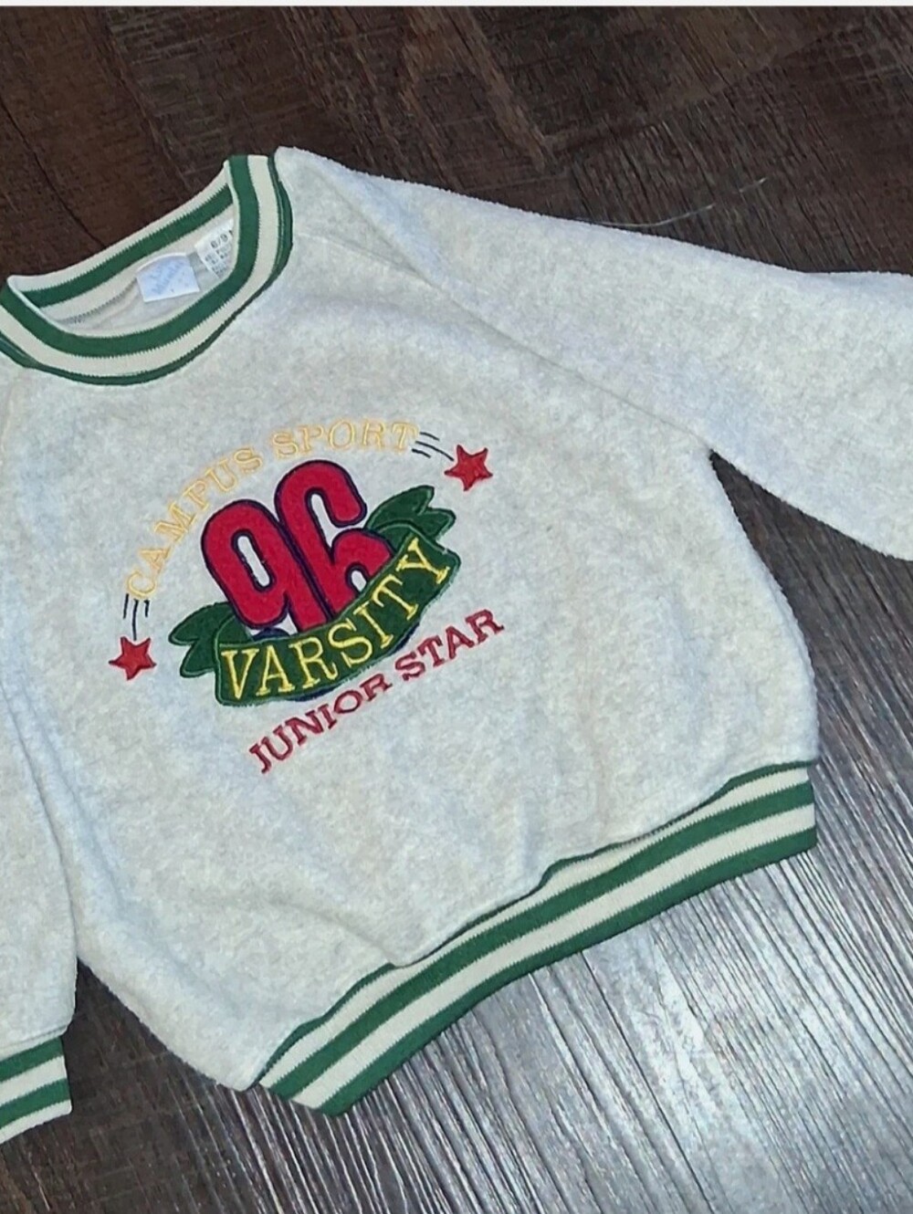 Vintage Miracle Cream Sweatshirt with Red, Green & Gold Varsity Patch